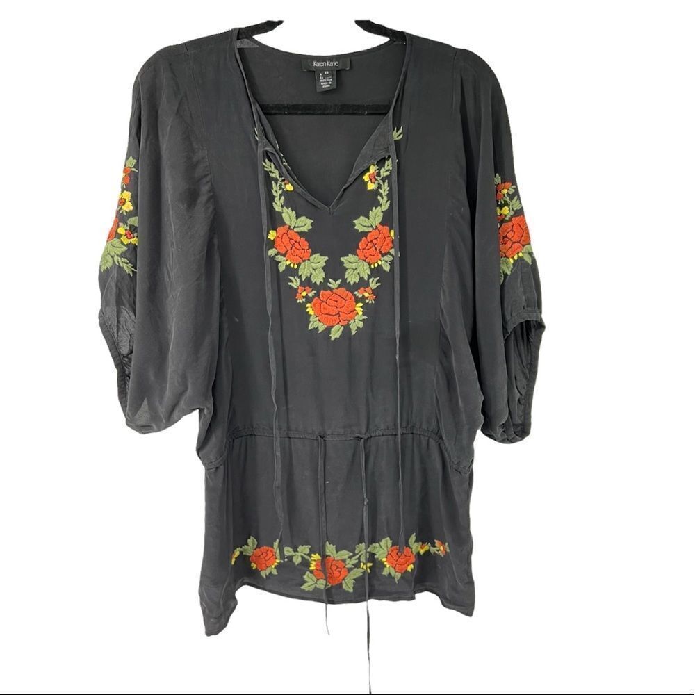 Karen Kane Black Floral Embroidered Silk Top Womens XS